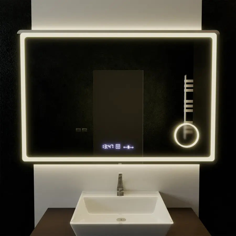 Miroir LED rectangulaire, 120x80 cm, Souverain MotionGlow Marcello, système anti-buée, horloge et thermomètre, loupe cosmétique, intensité variable