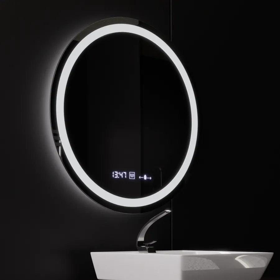 Miroir rond LED, 80 cm, Celeste MotionGlow Marcello, système anti-buée, horloge et thermomètre, intensité variable