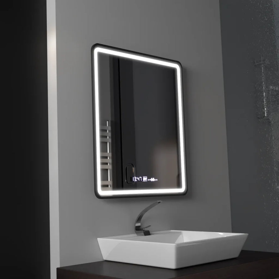 Miroir LED rectangulaire, 75x90 cm, Favola MotionGlow Marcello, système anti-buée, horloge et thermomètre, intensité variable