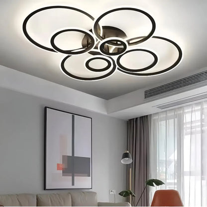 Lustre LED avec télécommande BETTY 130W, 8 Cercles, Lumière Froide/Chaude/Neutre, Dimmable, Noir