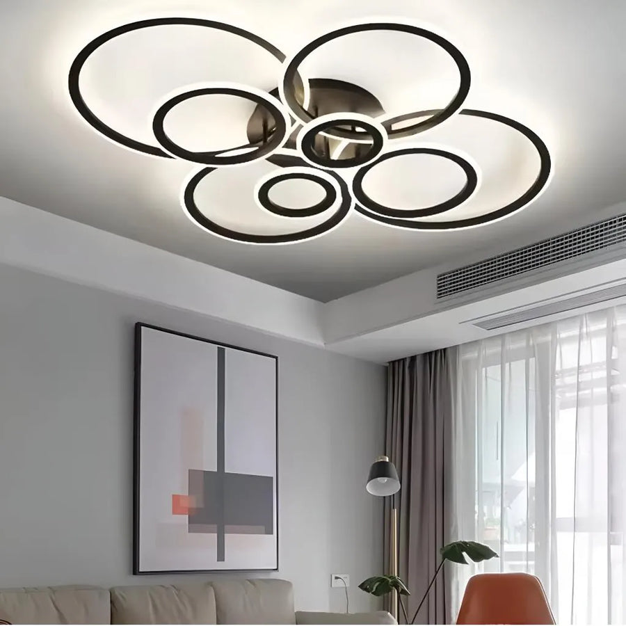 Lustre LED avec télécommande BETTY 130W, 8 Cercles, Lumière Froide/Chaude/Neutre, Dimmable, Noir
