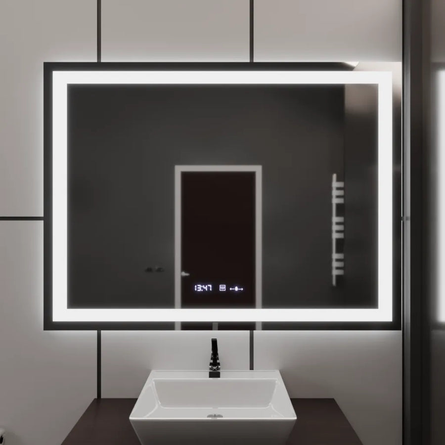 Miroir LED rectangulaire, 100x75cm, Verite MotionGlow Marcello, système anti-buée, horloge et thermomètre, intensité variable