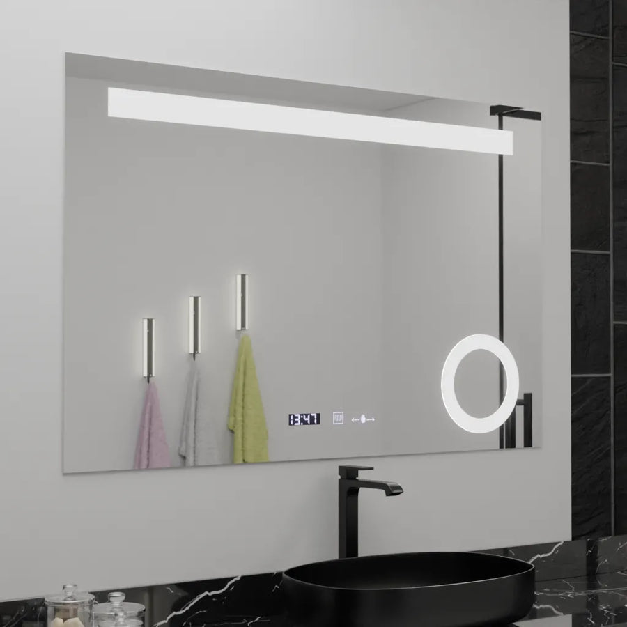 Miroir LED rectangulaire, 120x80cm, ABSOLU MotionGlow Marcello, système anti-buée, horloge et thermomètre, loupe cosmétique, variable