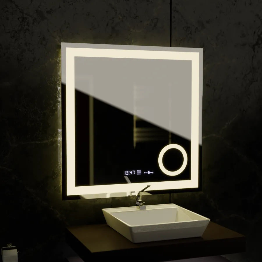 Miroir LED rectangulaire, 80x80cm, Souverain MotionGlow Marcello, système anti-buée, horloge et thermomètre, loupe cosmétique, variable