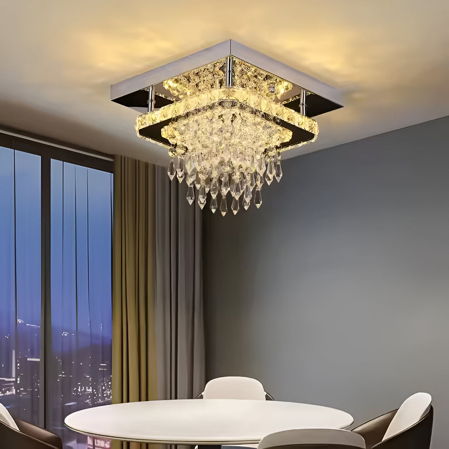 Lustre LED carré Alberico, 17 W, lumière froide/chaude/neutre, cristal, chrome brillant