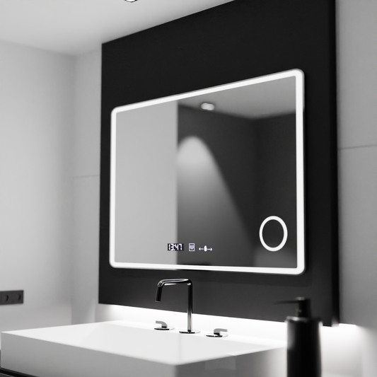 Miroir LED rectangulaire 120x80 Aura Riflesso Puro MotionGlow Marcello, système anti-buée, thermomètre et horloge, dimmable