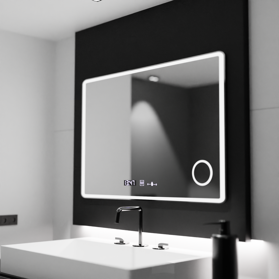 Miroir LED rectangulaire 120x80 Aura Riflesso Puro MotionGlow Marcello, système anti-buée, thermomètre et horloge, dimmable