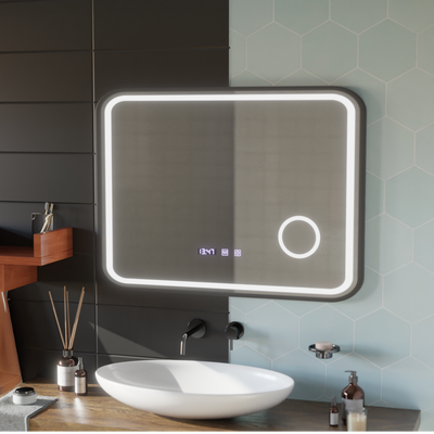 Bernd Miroir Tactile LED Système de Désembuage, Horloge et Température Loupe Cosmétique Cadre Noir Brossé 80x60 cm