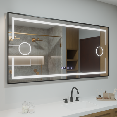 Miroir LED rectangulaire, 160x80cm, capteur Marcello MotionGlow, système anti-buée, horloge et thermomètre, loupe cosmétique, intensité variable