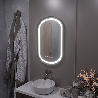 Helmut Miroir Tactile LED Système de Désembuage, Horloge et Température 50x90 cm Cadre Noir Brossé Marcello Funghi