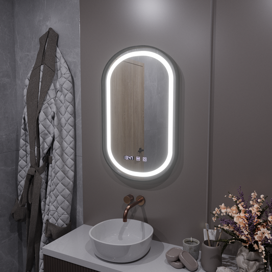 Helmut Miroir Tactile LED Système de Désembuage, Horloge et Température 50x90 cm Cadre Noir Brossé Marcello Funghi