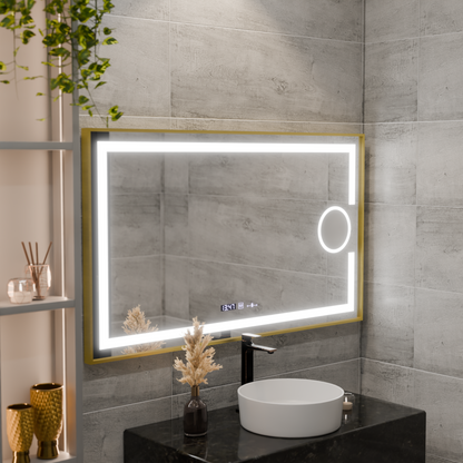 Miroir LED rectangulaire, 110x65cm, Eclat MotionGlow Marcello, système anti-buée, horloge et thermomètre, loupe cosmétique, intensité variable, cadre doré brossé
