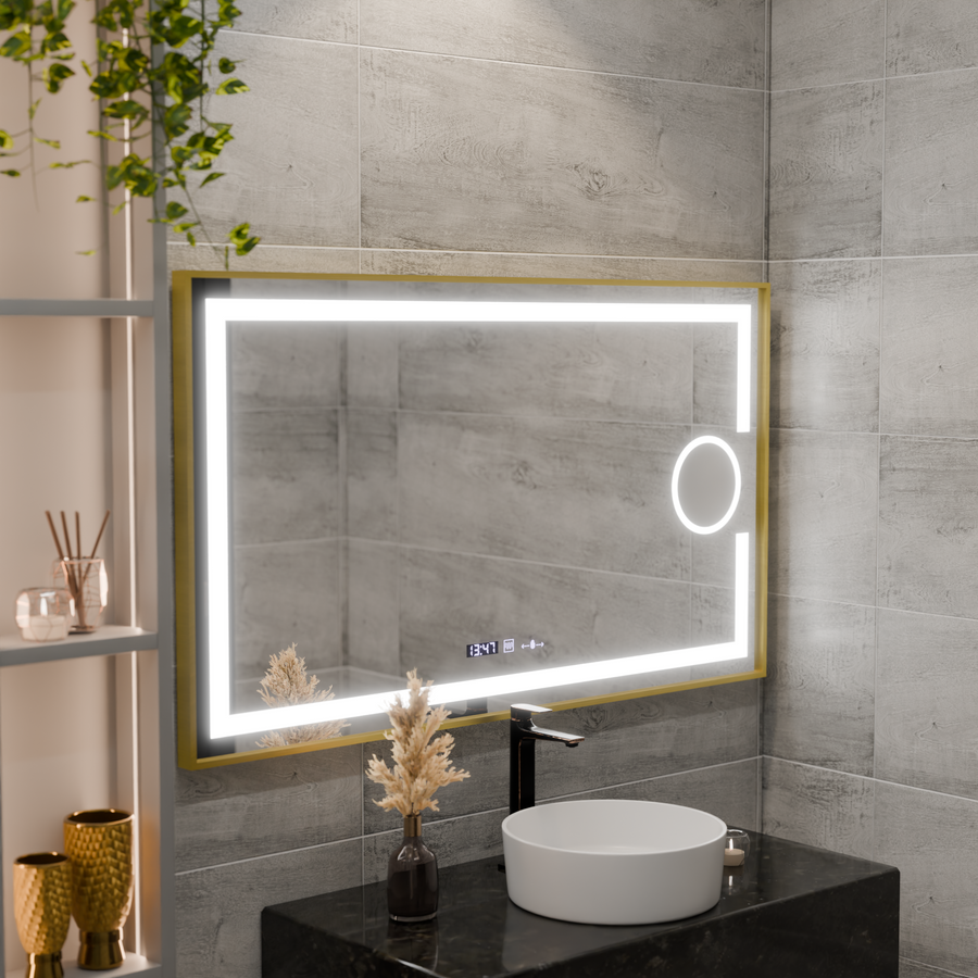 Miroir LED rectangulaire, 110x65cm, Eclat MotionGlow Marcello, système anti-buée, horloge et thermomètre, loupe cosmétique, intensité variable, cadre doré brossé