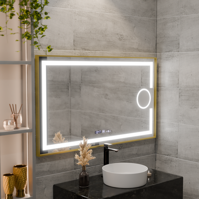 Miroir LED rectangulaire, 110x65cm, Eclat MotionGlow Marcello, système anti-buée, horloge et thermomètre, loupe cosmétique, intensité variable, cadre doré brossé