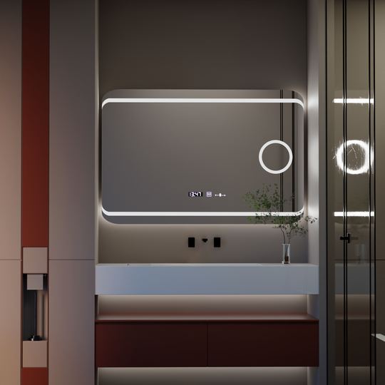 Miroir LED rectangulaire, 120 x 80 cm, définition MotionGlow Marcello, système de désembuage, horloge et thermomètre, loupe cosmétique, miroirs Marcello à intensité variable Titre par défaut Alessandro Design