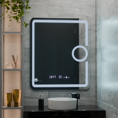Miroir LED rectangulaire, 60x80cm, Eclat MotionGlow Marcello, horloge et thermomètre, système anti-buée, loupe cosmétique, variable
