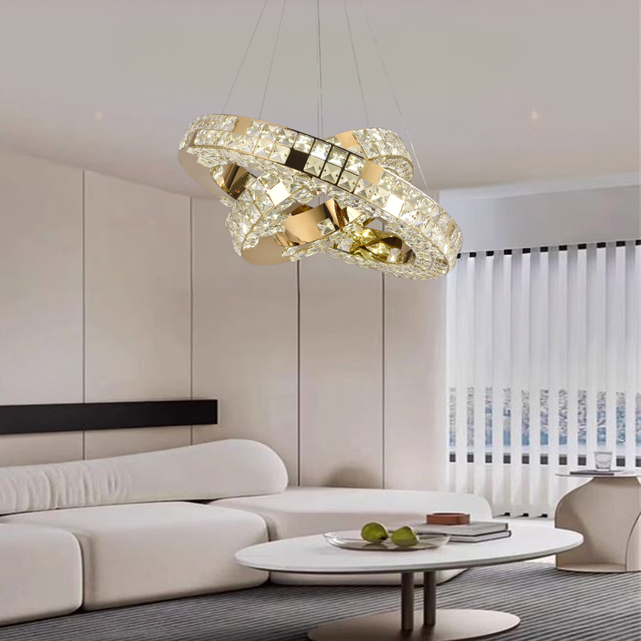 Lustre LED avec télécommande, LLC135/2GD, cristal et métal, 55 W, 2 cercles, intensité variable, hauteur réglable, lumière froide/chaude/neutre 3000 K/4000 K/6000 K, éclairage luxueux