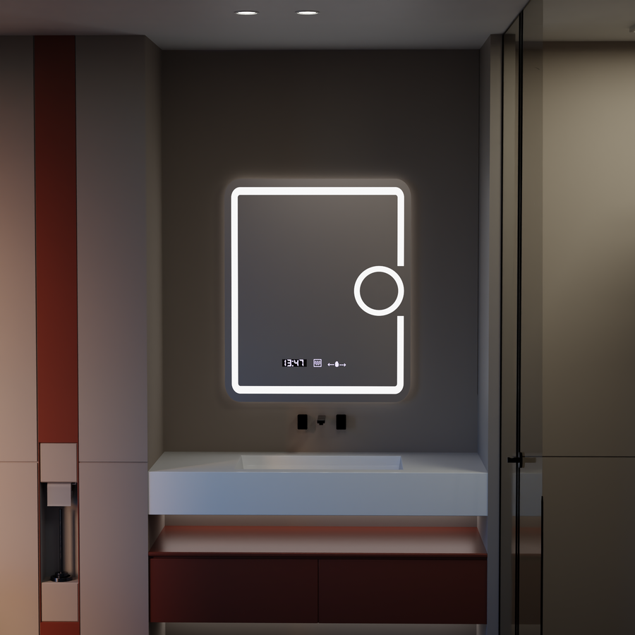 Miroir LED rectangulaire, 75x90cm, Eclat MotionGlow Marcello, système anti-buée, horloge et thermomètre, loupe cosmétique, variable