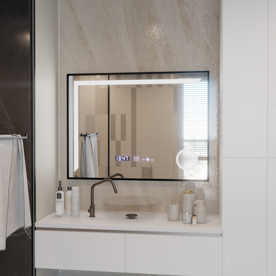 Miroir LED Francesca MotionGlow Sensor 80x60 cm Lumière Chaude/Froide/Neutre Cadre Intensité Variable Noir Brossé Système de Désembuage Thermomètre Horloge Collection Marcello Funghi