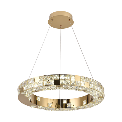 Lustre LED avec télécommande, LLC135/1GD, cristal et métal, 29 W, 1 cercle, intensité variable, hauteur réglable, lumière froide/chaude/neutre, éclairage luxueux
