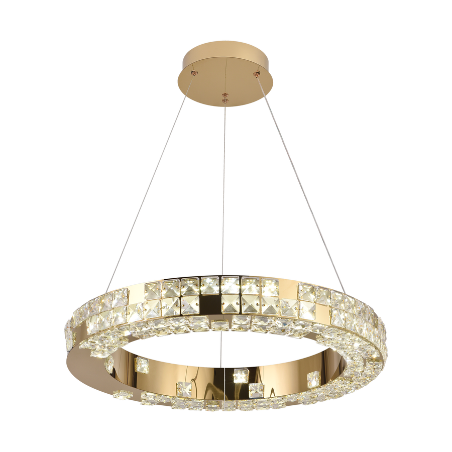 Lustre LED avec télécommande, LLC135/1GD, cristal et métal, 29 W, 1 cercle, intensité variable, hauteur réglable, lumière froide/chaude/neutre, éclairage luxueux