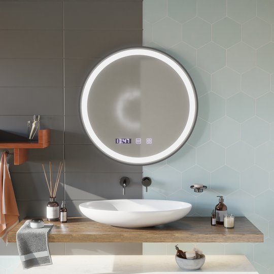 Miroir tactile LED Système anti-buée NOVARA, horloge et température 90 cm Cadre noir Miroirs brossés Korman S Titre par défaut Alessandro Design