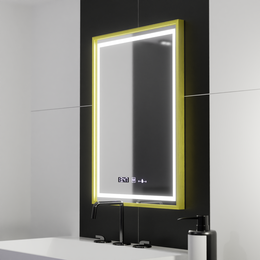 Miroir LED rectangulaire, 50x70 cm, Verite Royale Gold Motion Glow Marcello, système anti-buée, horloge et thermomètre, intensité variable
