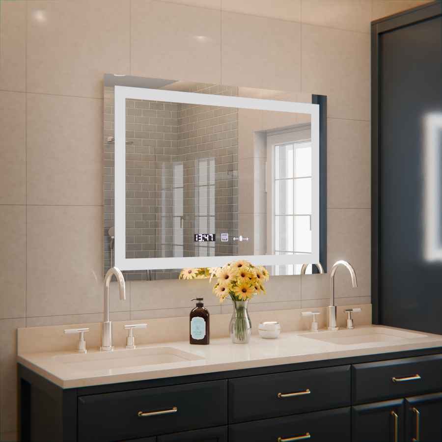 Miroir LED rectangulaire, 80x60 cm, Verite MotionGlow Marcello, système anti-buée, horloge et thermomètre, intensité variable