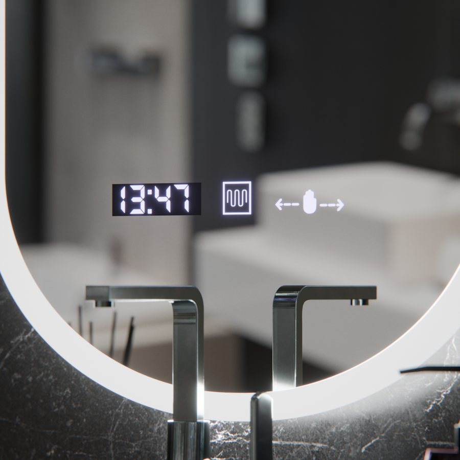 Miroir LED ovale, 50x80 cm, capteur Lucia Marcello, système anti-buée, horloge et thermomètre, intensité variable