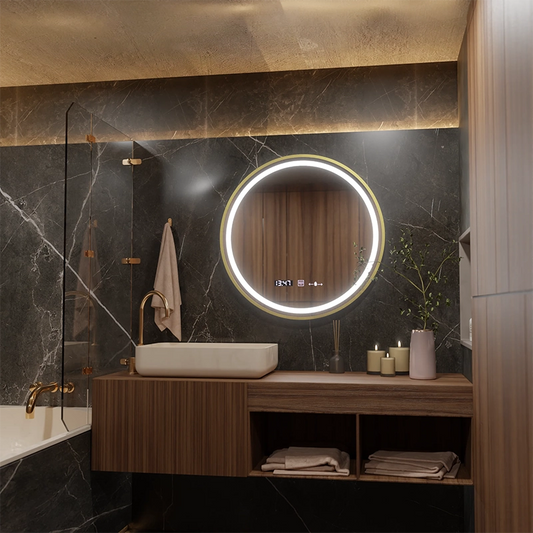 Miroir rond LED, 60 cm, Celeste Royale Gold MotionGlow Marcello, système anti-buée, horloge et thermomètre, intensité variable