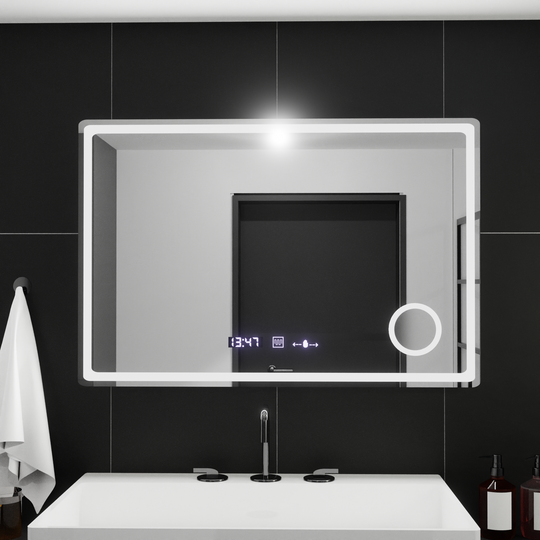 Miroir LED rectangulaire, 90x60 cm, Velour MotionGlow Marcello, système anti-buée, horloge et thermomètre, loupe cosmétique, miroirs à intensité variable Marcello Titre par défaut Alessandro Design