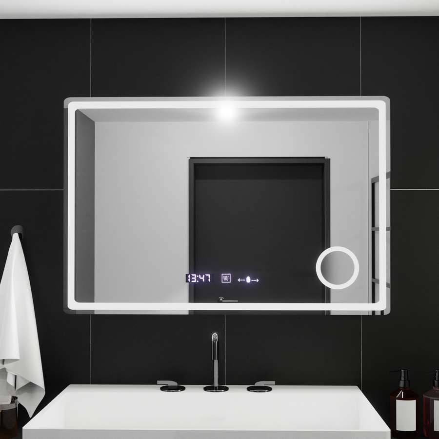 Miroir LED rectangulaire, 90x60 cm, Velour MotionGlow Marcello, système anti-buée, horloge et thermomètre, loupe cosmétique, intensité variable
