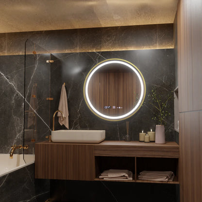 Miroir rond LED, 60 cm, Celeste Royale Gold Eleve MotionGlow Marcello, système anti-buée, horloge et thermomètre, intensité variable, sangle amovible