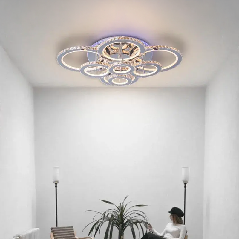 Lustre LED avec télécommande et cristal LIA RGB 182W, 8 Cercles, Lumière Froide/Chaude/Neutre, Dimmable, Chrome Blanc Brillant