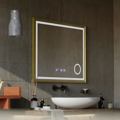 Miroir LED CLARUS Touch, système de désembuage, horloge et température, loupe cosmétique cadre or brossé 80x60 cm