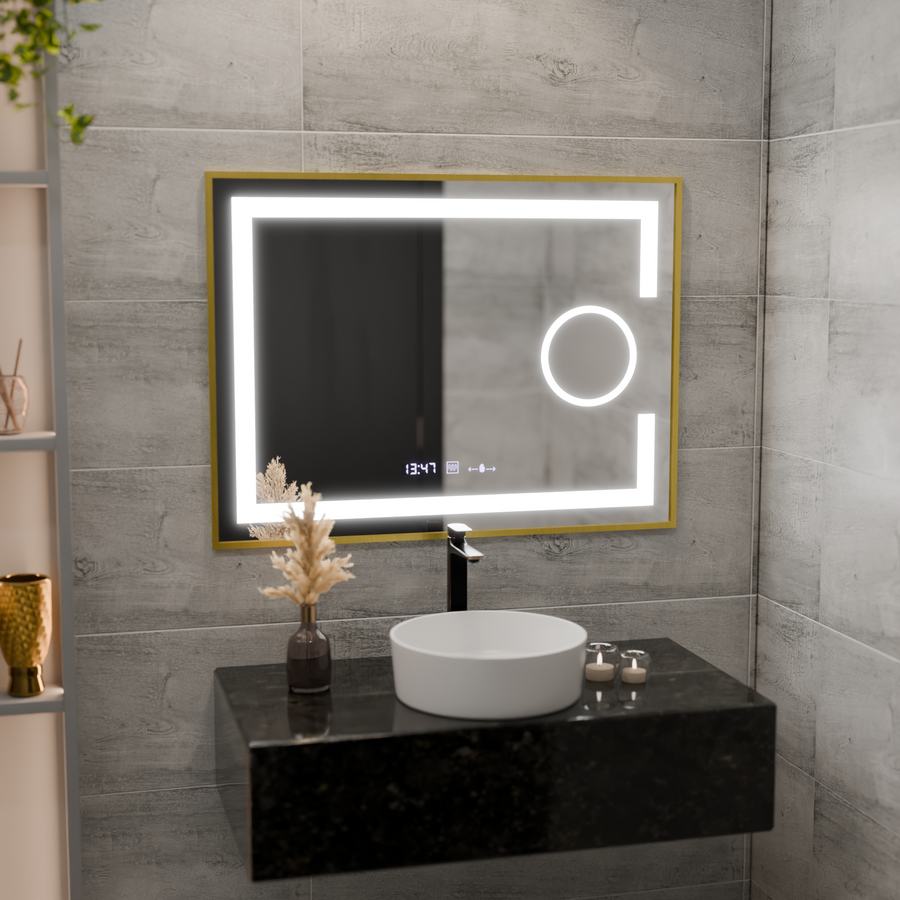 Miroir LED rectangulaire, 80x60 cm, Eclat MotionGlow Marcello, système anti-buée, horloge et thermomètre, loupe cosmétique, intensité variable, cadre doré brossé
