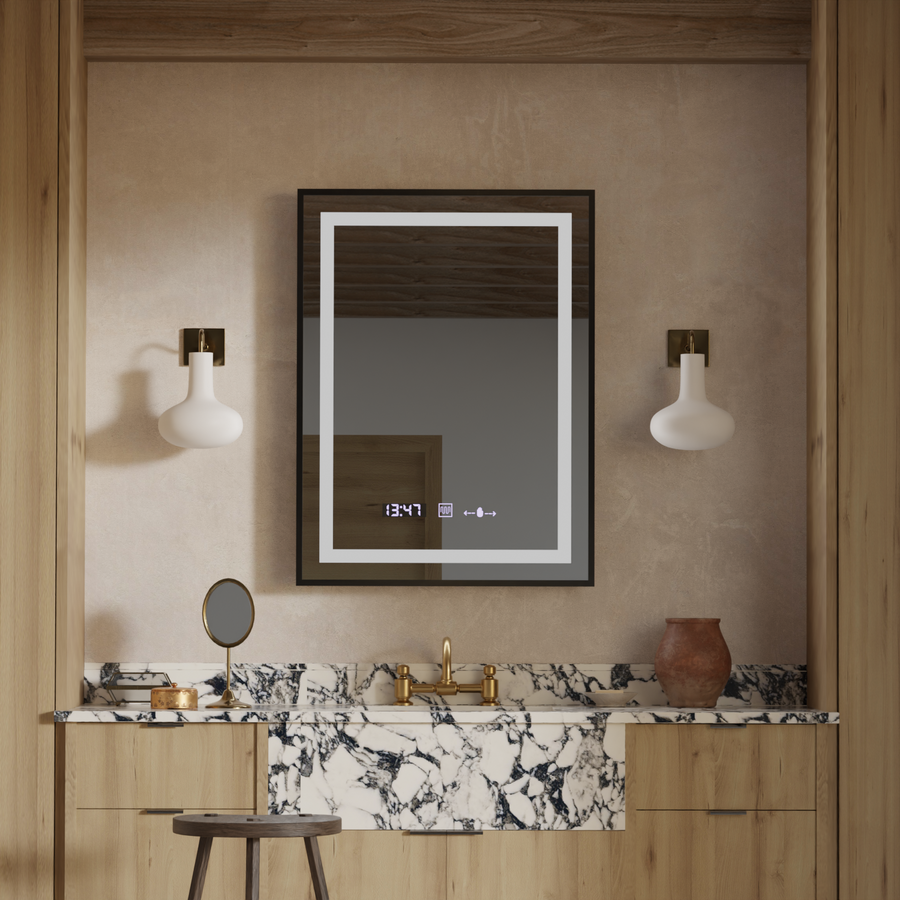 Miroir LED rectangulaire, 60x80 cm, Verite Majeste Noir Motion Glow Marcello, système anti-buée, horloge et thermomètre, intensité variable