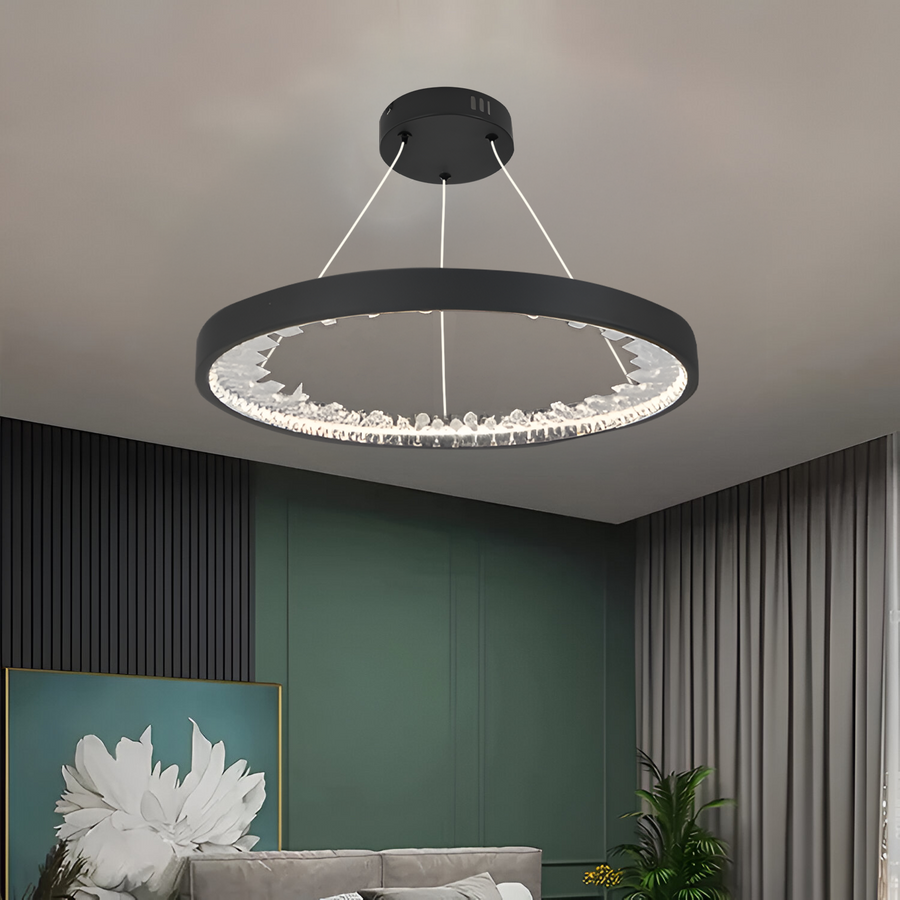 Lustre LED suspendu avec télécommande, cristaux K9, 28W, 1 cercle, lumière froide/chaude/neutre, dimmable, noir, hauteur réglable