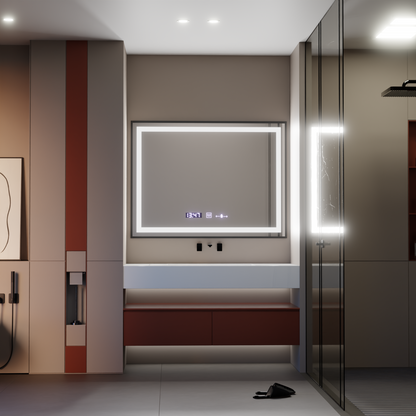 Miroir LED rectangulaire, 80x60 cm, Verite Majeste Noir Motion Glow Marcello, système anti-buée, horloge et thermomètre, intensité variable