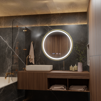 Miroir LED Capteur MotionGlow Faratya Système anti-buée Thermomètre et horloge Cadre or brossé Diamètre rond 100 cm Lumière froide/chaude/neutre Dimmable Collection Marcello Funghi