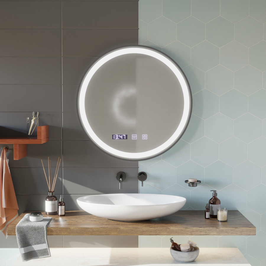 Miroir tactile LED NOVARA système anti-buée, horloge et température 80 cm cadre noir brossé