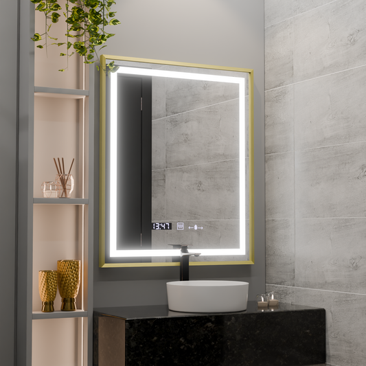 Miroir LED rectangulaire, 75x90 cm, Verite Royale Gold MotionGlow Marcello, système anti-buée, horloge et thermomètre, intensité variable