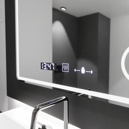 Miroir LED rectangulaire, 90 x 75 cm, Riflesso MotionGlow Marcello, système anti-buée, horloge et thermomètre, loupe cosmétique, variable