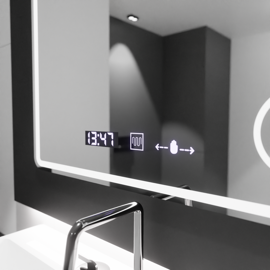 Miroir LED rectangulaire, 90 x 75 cm, Riflesso MotionGlow Marcello, système anti-buée, horloge et thermomètre, loupe cosmétique, variable