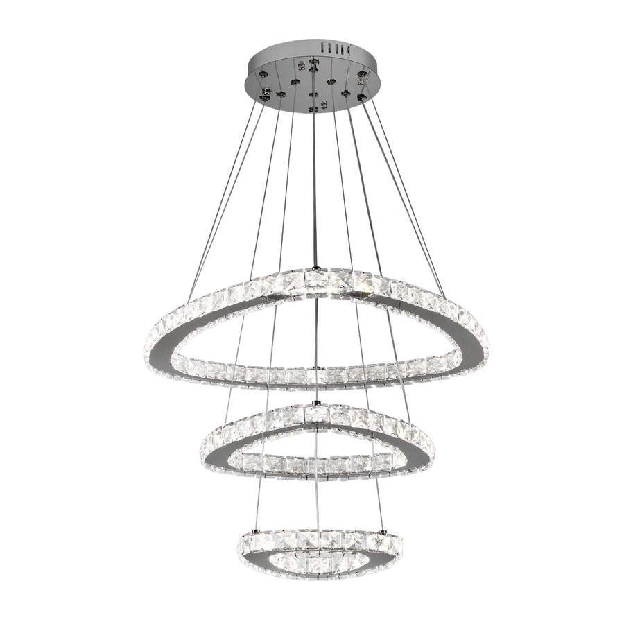 Lustre LED suspendu avec télécommande et cristal PRISM LUMORA 63W, 3 Cercles, Lumière Froid/Chaud/Neutre, Dimmable, Chrome Brillant, Hauteur Réglable