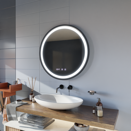 Miroir tactile LED NOVARA système de désembuage, horloge et température 50 cm cadre noir miroirs brossés Korman S titre par défaut Alessandro Design