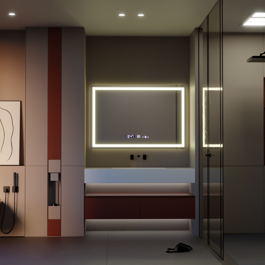 Miroir LED rectangulaire 120x80cm Vérité MotionGlow Marcello, Système anti-buée, Horloge & Thermomètre, Intensité variable