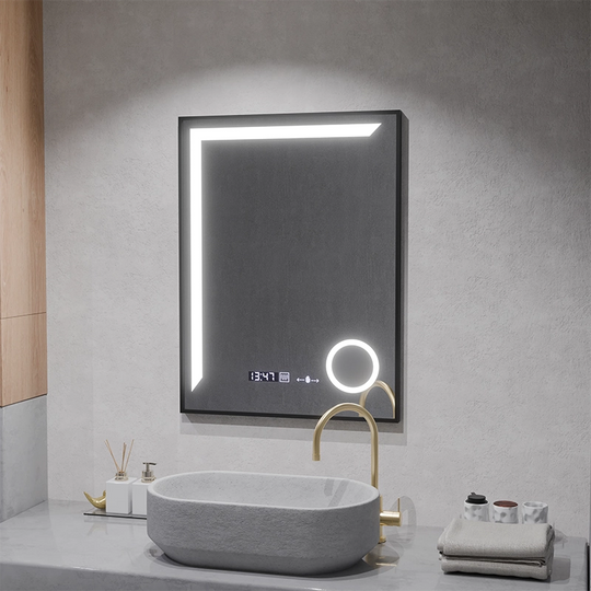 Miroir LED Capteur MotionGlow Francesca 60x80 cm Lumière Chaude/Froide/Neutre Intensité Variable Cadre Noir Système de Désembuage Brossé Thermomètre Horloge Collection Marcello Funghi