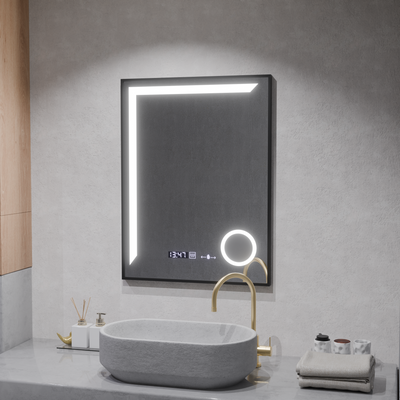 Miroir LED Francesca MotionGlow Sensor 60x80 cm Lumière Chaude/Froide/Neutre Cadre Intensité Variable Noir Brossé Système de Désembuage Thermomètre Horloge Collection Marcello Funghi