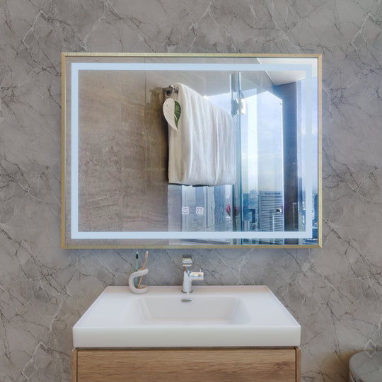 Miroir LED RAYNA Touch, 80x60 cm, fonction anti-buée, cadre doré brossé Miroirs Korman E Default Title Alessandro Design